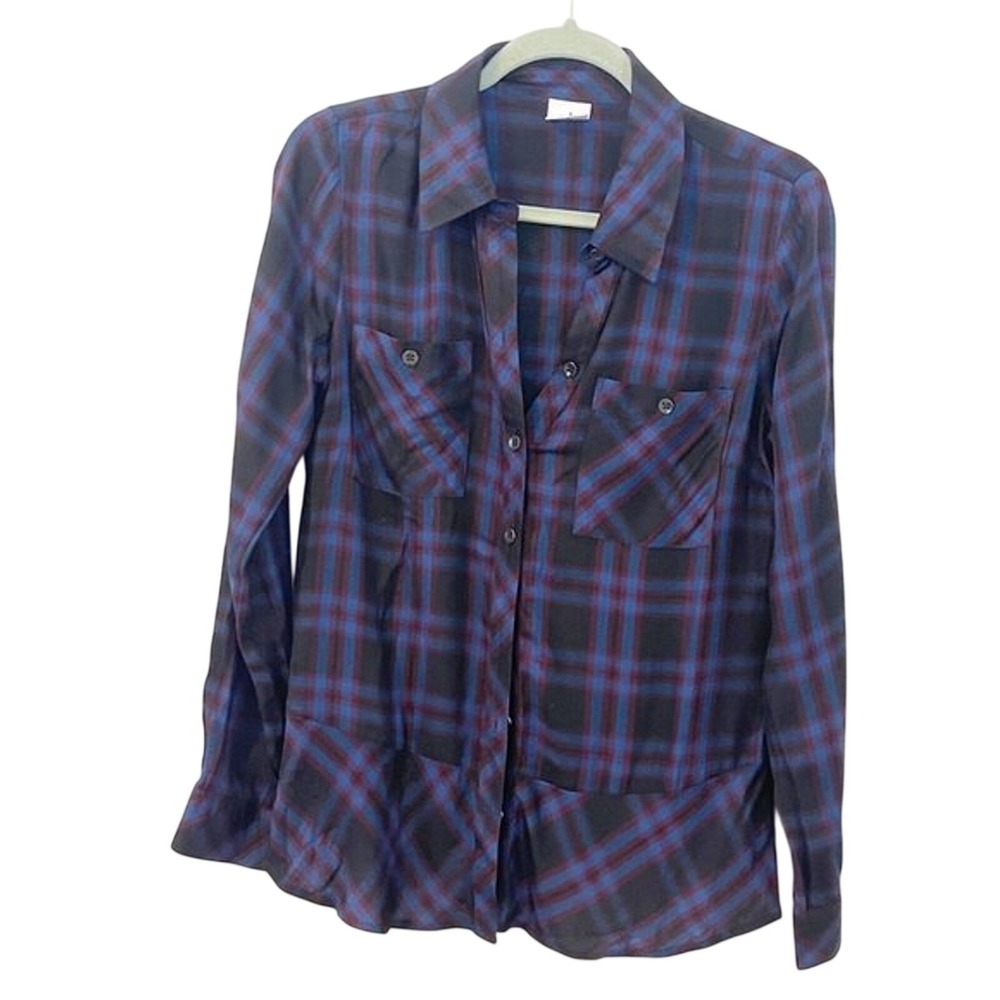 Cabi 3431 Plaid Button Up Shirt Womens Small‎ Blue Burgundy Peplum Hem Rayon